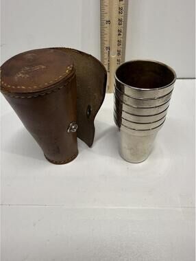 Vintage German Nesting Metal Cups Set w/ Leather Case Travel Camping